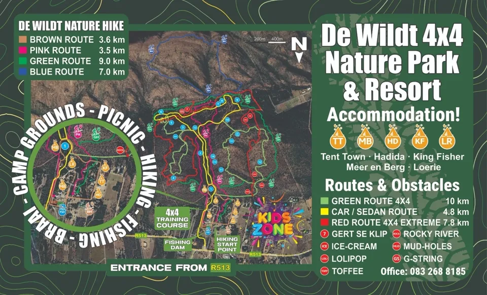De Wildt 4x4 property map showing 4x4 routes, hiking routes, accommodation areas, fishing dam, Kids Zone and R513 entrance